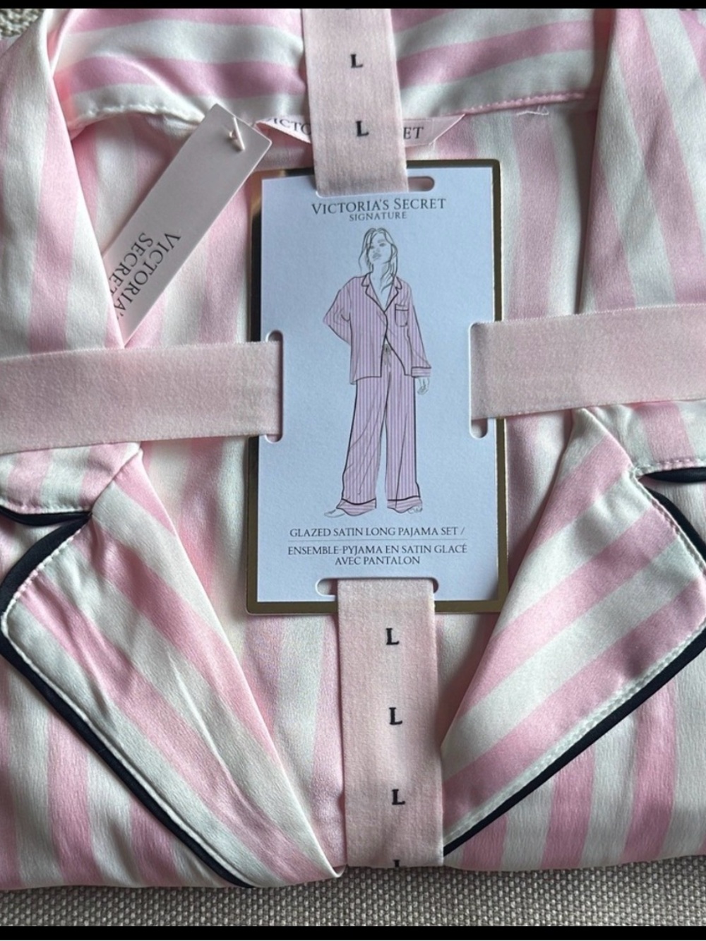 Victoria's Secret Pink & White Satin Striped Pajama Set with Black Piping